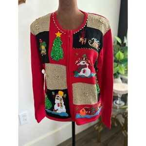 Lisa International Christmas‎ Cardigan Sweater Holiday Patchwork Petite L